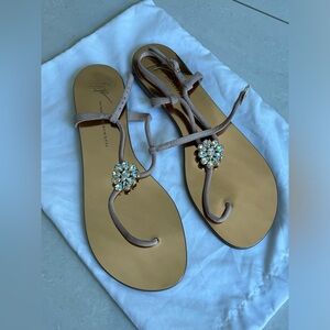 GIUSEPPE ZANOTTI Rhinestone T-strap Leather Sandals Beige NEW